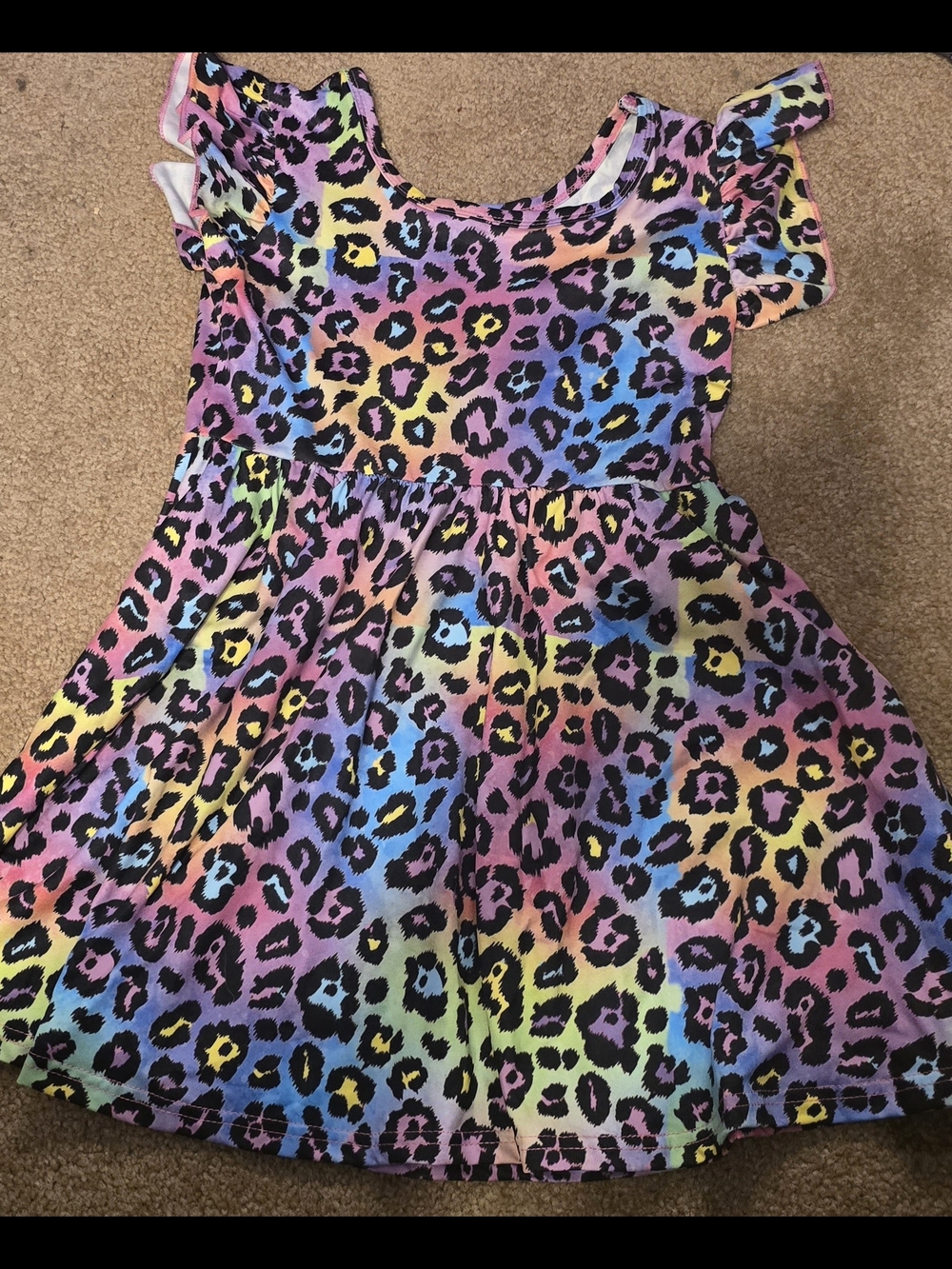 Girls Rainbow Leopard Print Flutter Sleeve Dress